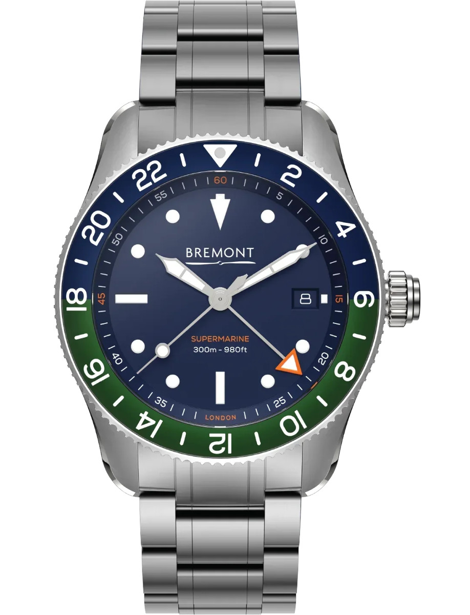 Supermarine S302 Specialised GMT diver 40mm in Steel with Blue & Green Aluminium Bezel on Steel Bracelet with Blue Dial