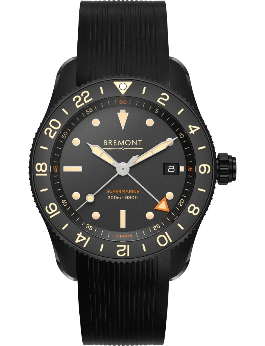 Supermarine S302 Jet Specialised GMT Diver 40mm in Steel with Black Ceramic Bezel on Black Rubber Strap with Black Dial