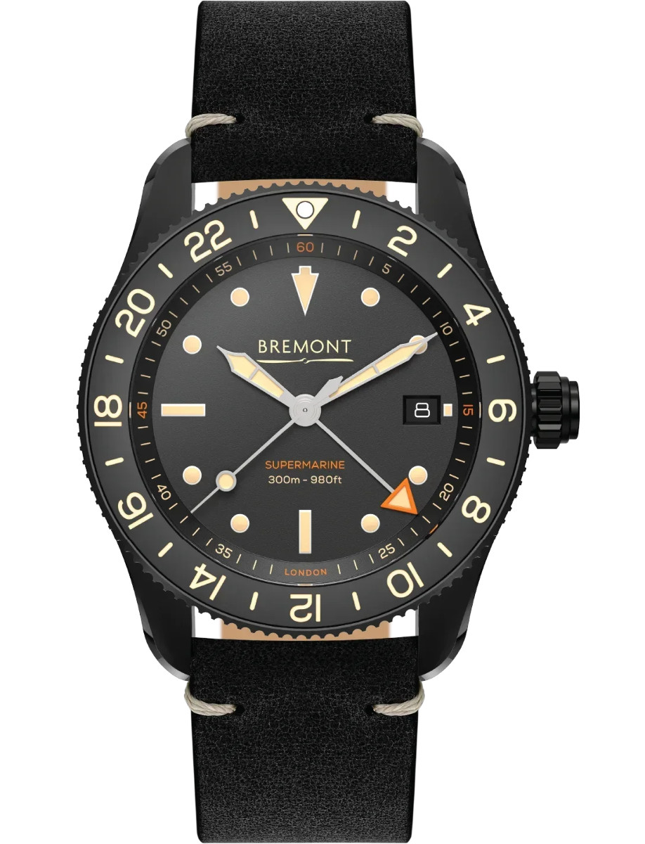 Supermarine S302 Jet Specialised GMT Diver 40mm in Steel with Black Ceramic Bezel on Black Leather Strap with Black Dial