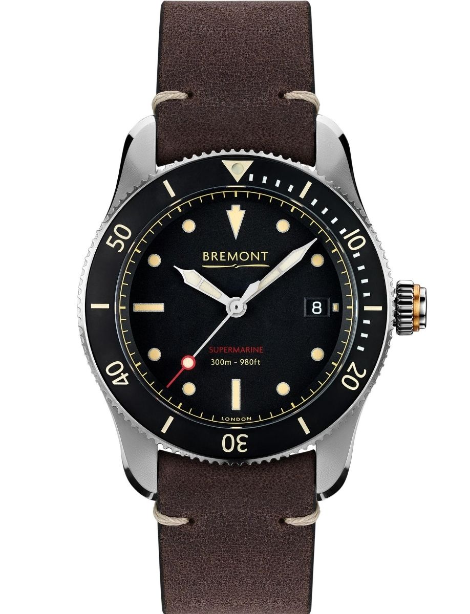 Supermarine S301 40mm in Steel with Black Ceramic Bezel on Brown Leather Strap with Black Dial