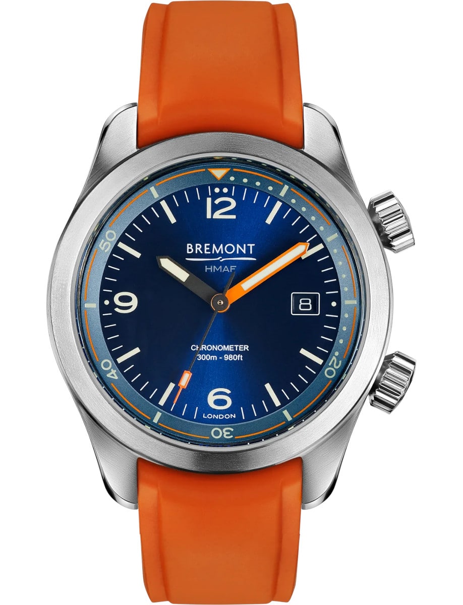 Armed Forces Argonaut 42mm in Steel on Orange Rubber Strap with Azure blue Dial