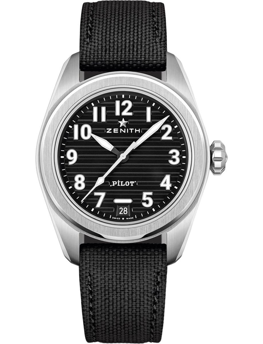 Pilot Automatic 40 in Steel on Black Fabric Strap with Black Dial