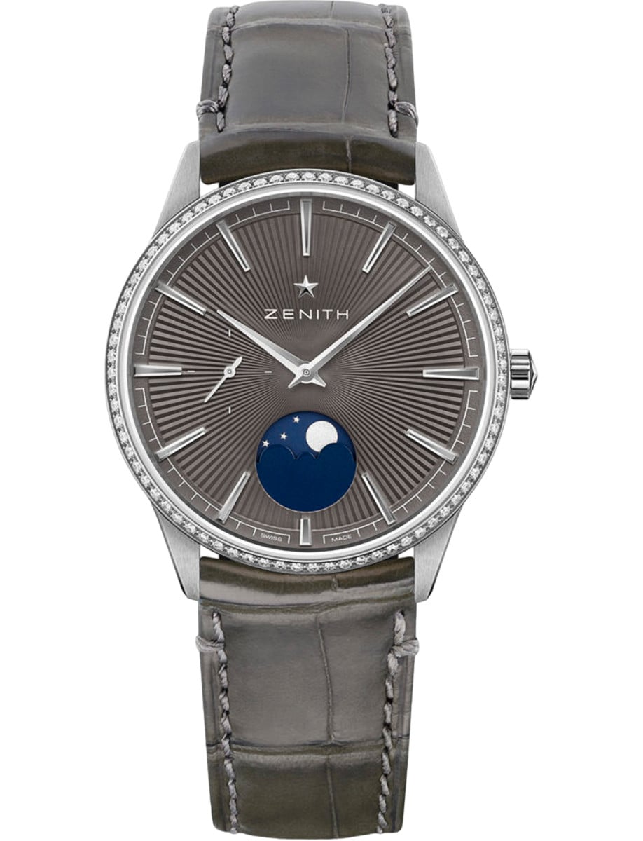 Elite Moonphase 36mm Automatic in Steel with Diamond Bezel on Grey Alliagtor Leather Strap with Slate Grey Sunray Dial