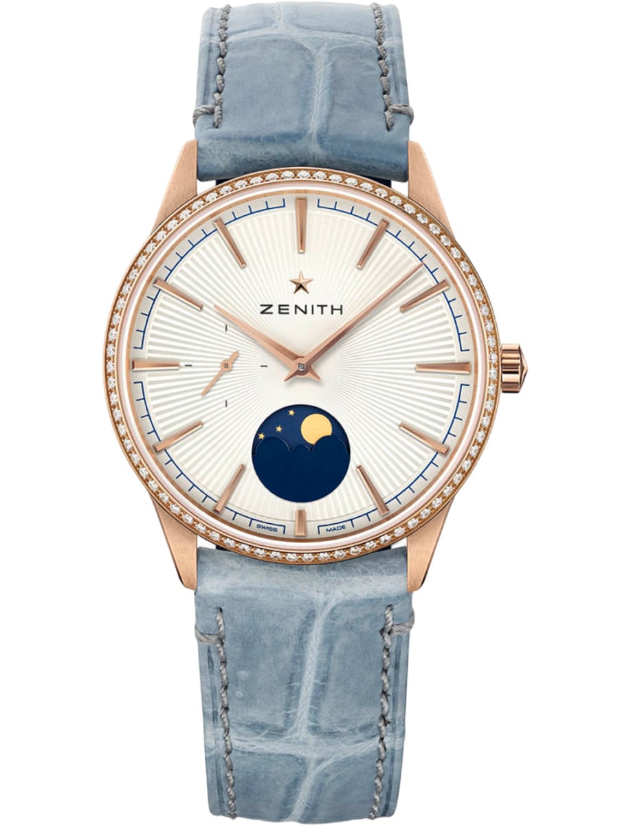 Elite Moonphase 36mm Automatic in Rose Gold with Diamond Bezel on Blue Alliagtor Leather Strap with Silver Sunray Dial