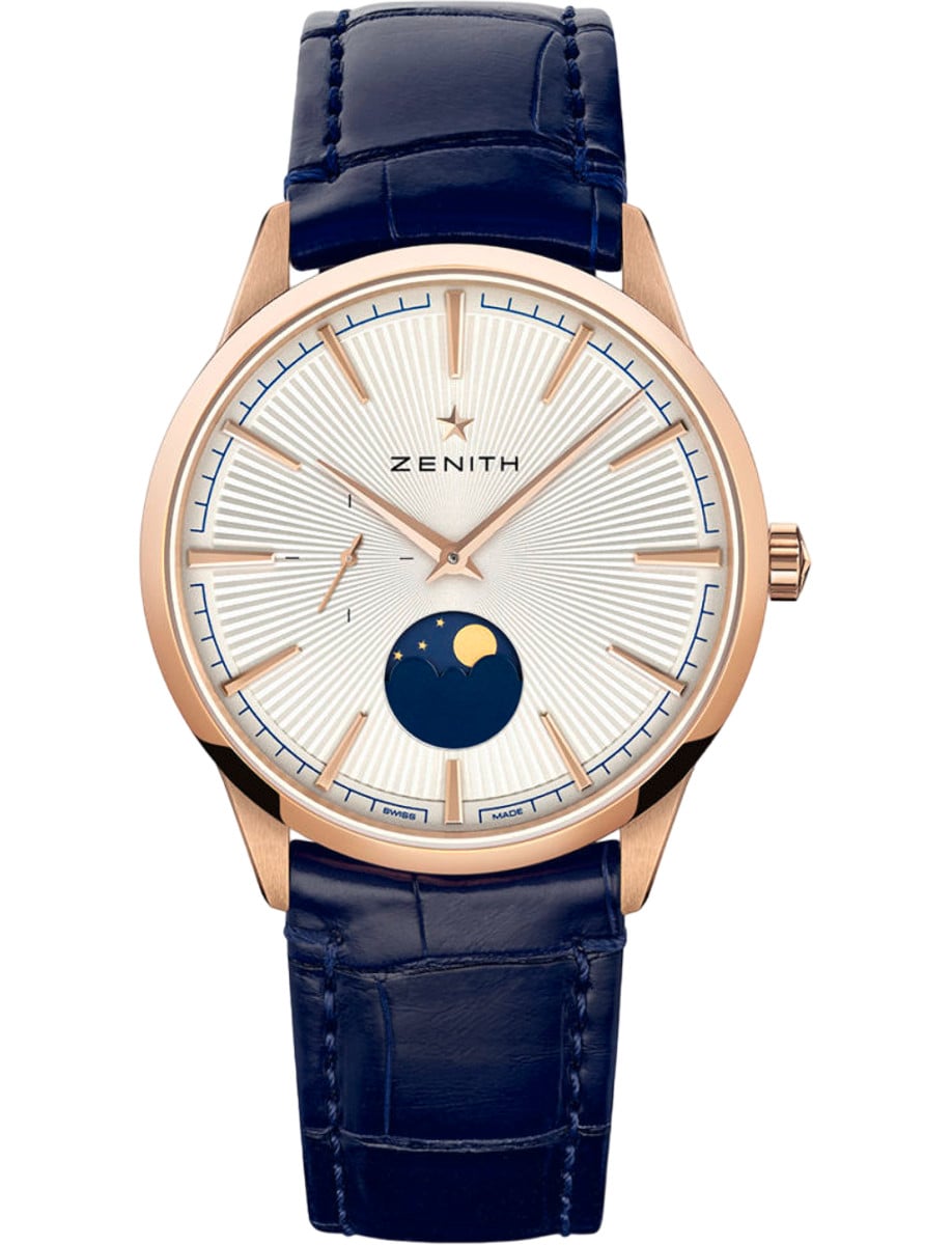 Elite Moonphase 40.5mm Automatic in Rose Gold on Blue Alliagtor Leather Strap with Silver Sunray Dial