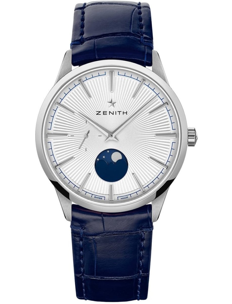 Elite Moonphase 40.5mm Automatic in Steel on Blue Alliagtor Leather Strap with Silver Sunray Dial