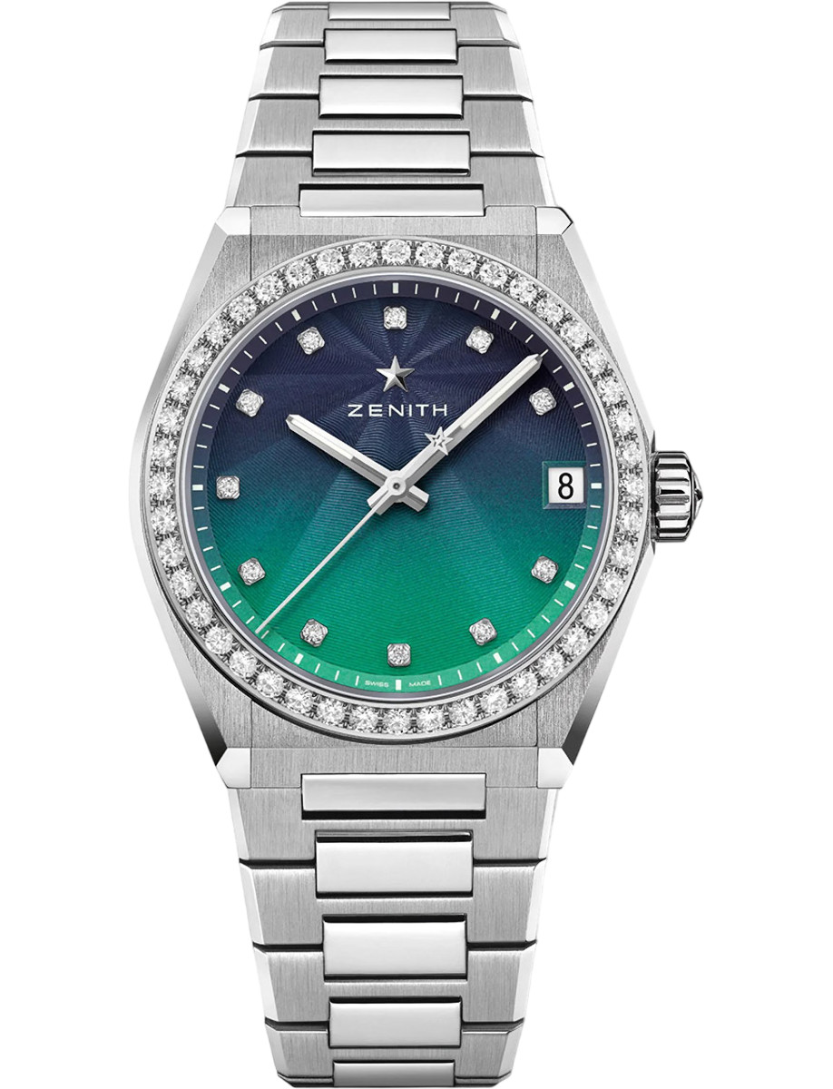 Defy Midnight 36mm Automatic in Steel with Diamond Bezel on Steel Bracelet with Gradient Blue to Green Dial