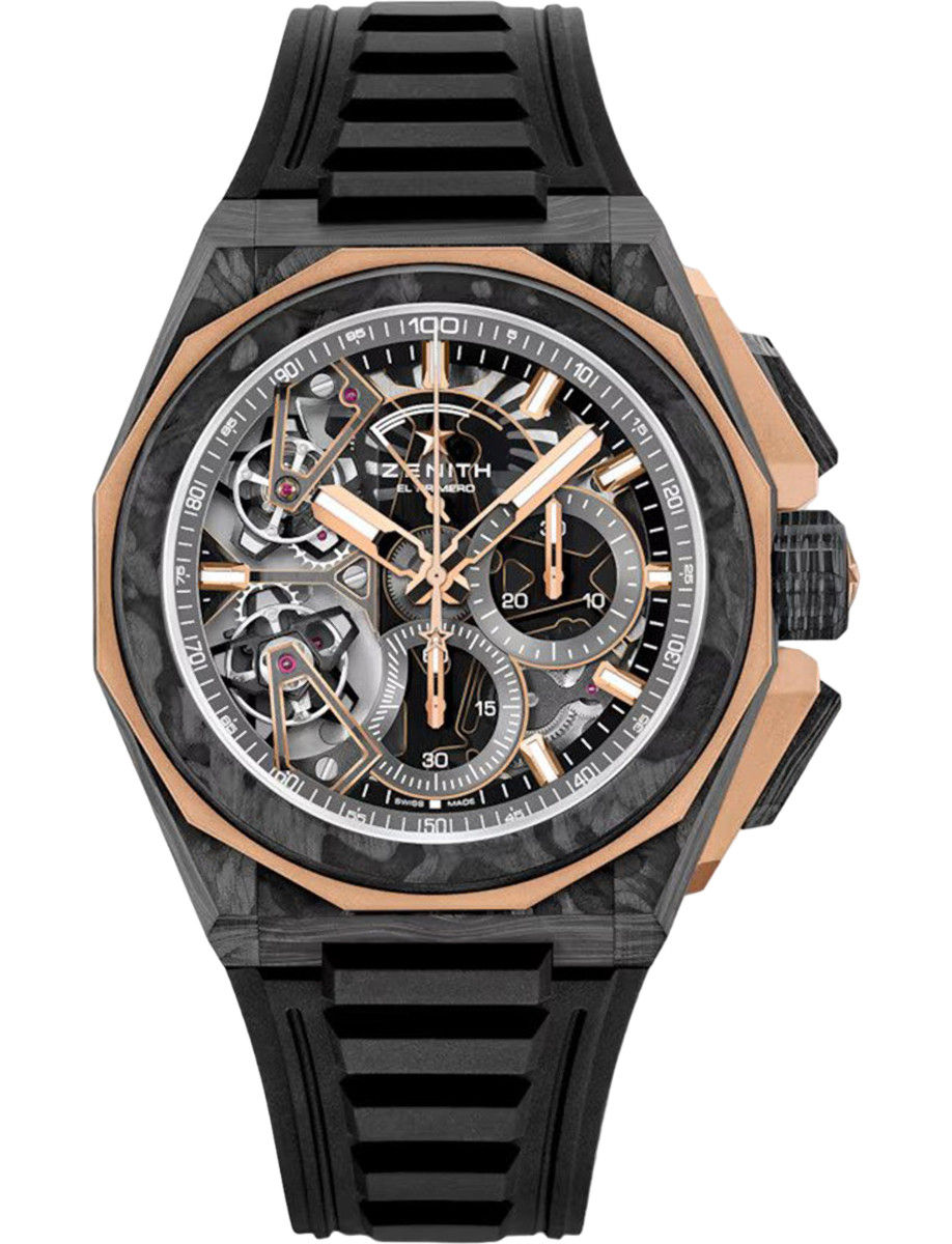 Defy Extreme Double Tourbillon 45mm Automatic in Carbon & Rose Gold on Black Rubber Strap with Openworked Dial