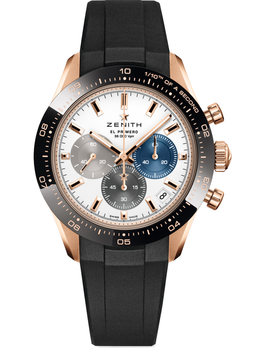 El Primero Heritage 41mm in Rose Gold with Black Bezel on Black Rubber Strap with White Dial