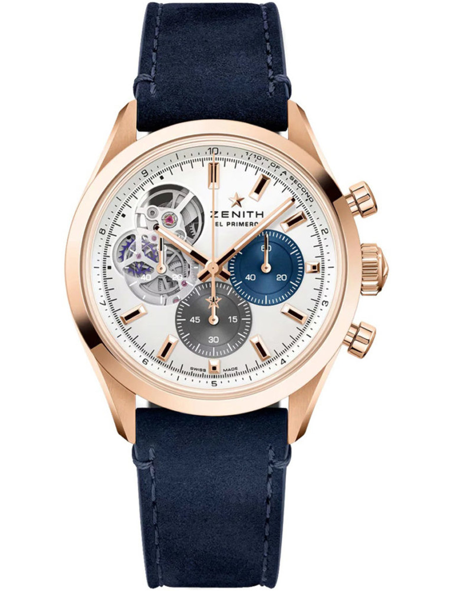 Chronomaster Open 39.5mm in Rose Gold on Blue Calfskin Leather Strap with Silver Dial