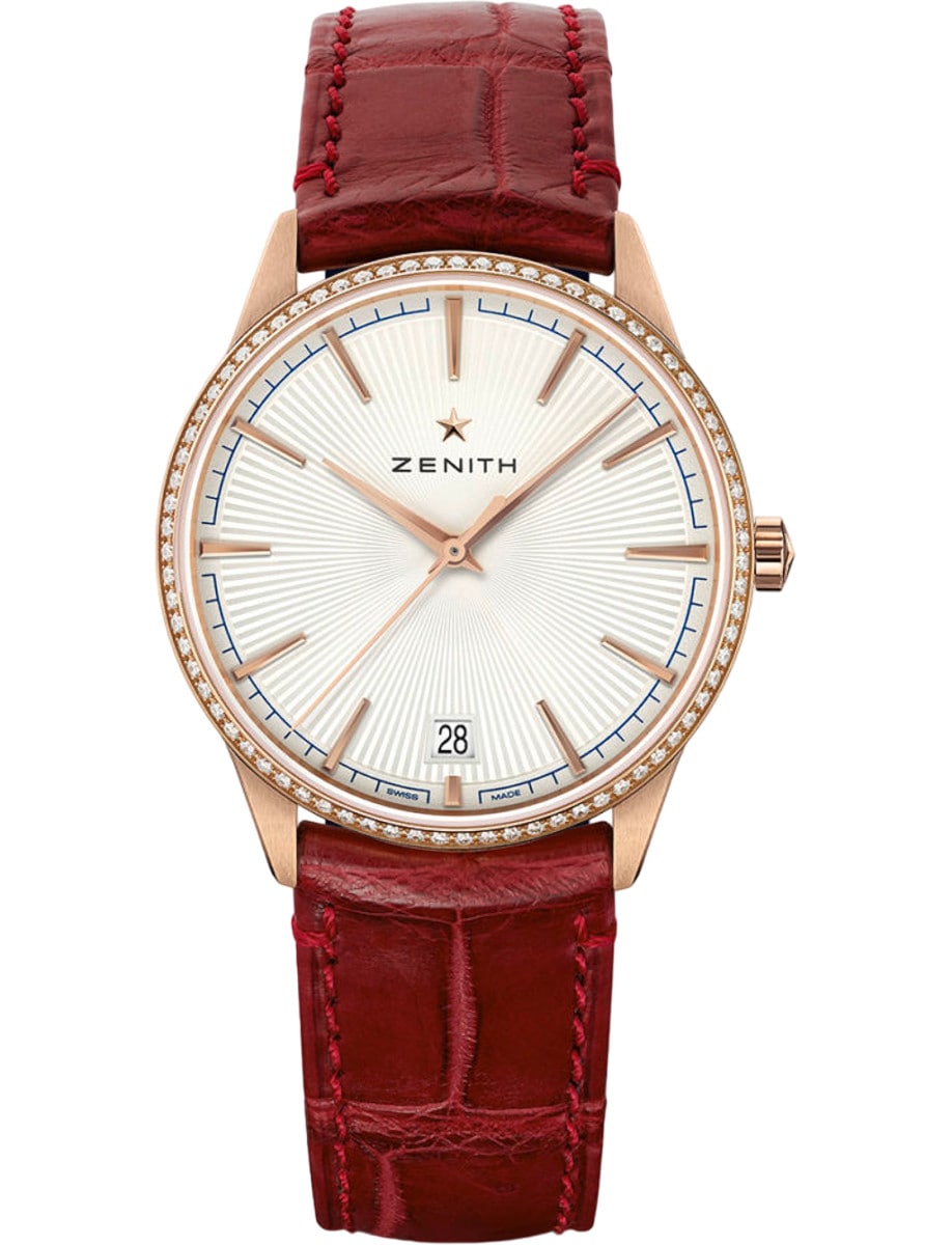 Elite Classic 36mm in Rose Gold with Diamond Bezel on Burgundy Alligator Leather Strap with Silver Sunray Dial