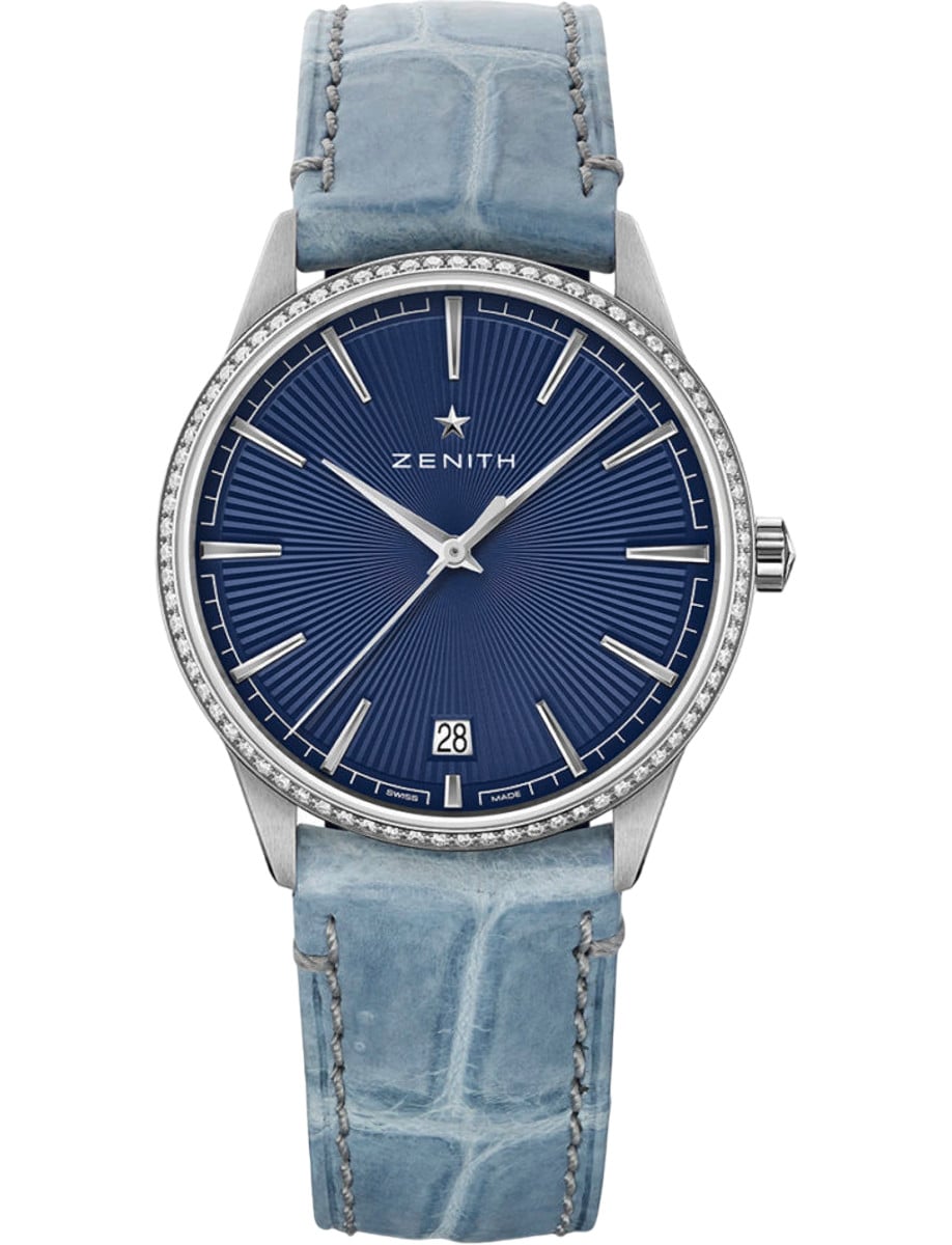 Elite Classic 36mm in Steel with Diamond Bezel on Blue Jean Alligator Leather Strap with Blue Sunray Dial