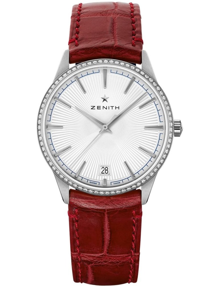 Elite Classic 36mm in Steel with Diamond Bezel on Red Alligator Leather Strap with Silver Sunray Dial
