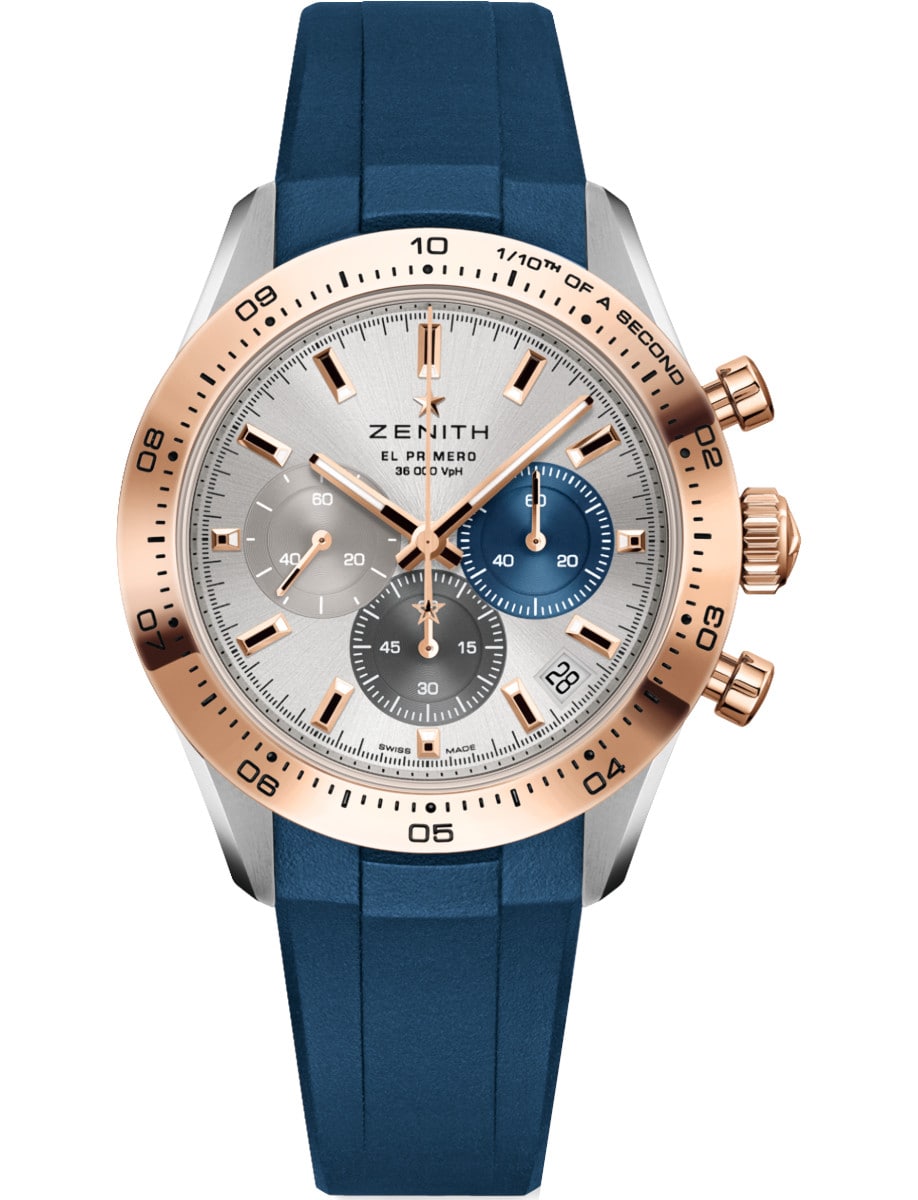 Chronomaster Sport 41mm in Steel with Rose Gold Bezel on Blue Rubber Strap with Silver Sunray Dial