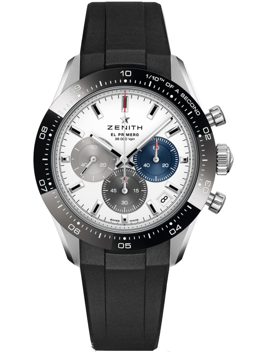 Chronomaster Sport 41mm in Steel with Black Bezel on Black Rubber Strap with White Dial