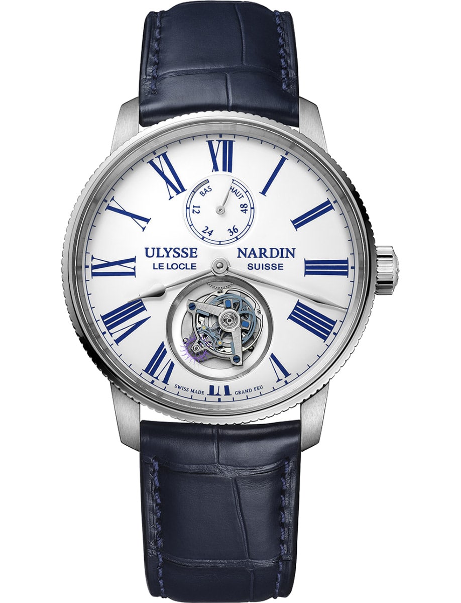 Marine Torpilleur Tourbillon 42mm in Steel on Blue Alligator Leather Strap White Dial