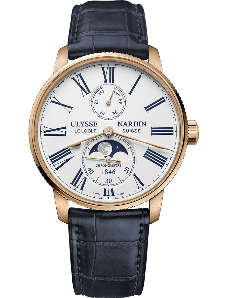 Marine Torpilleur Tourbillon 42mm in Rose Gold on Blue Alligator Leather Strap White Dial