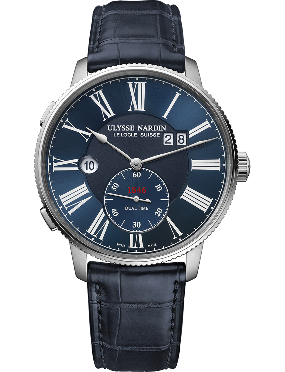 Marine Torpilleur Dual Time 44mm in Steel on Blue Alligator Leather Strap with Blue Dial