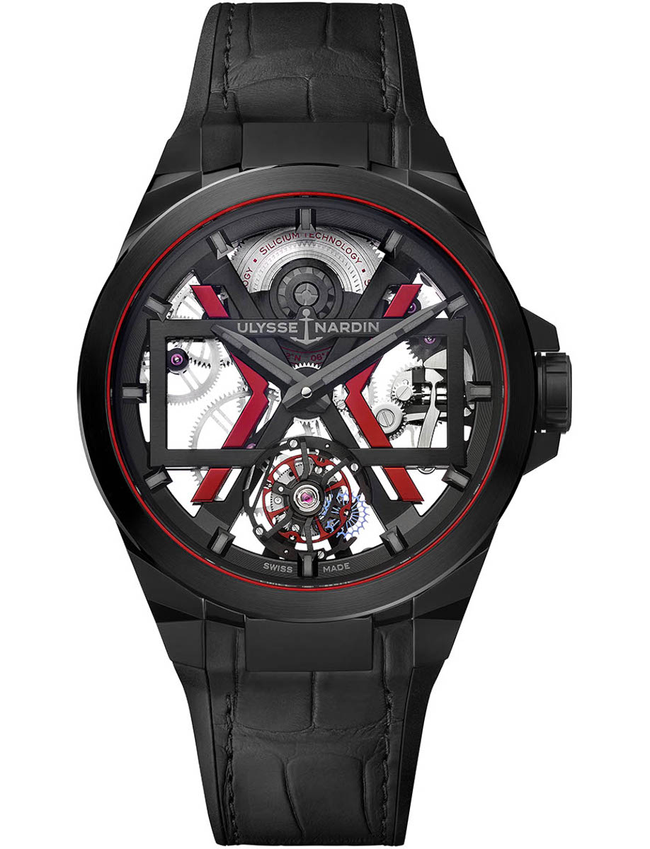 Blast Tourbillon 45mm in Black DLC Titanium with Black Ceramic Bezel on Black Alligator Leather Strap with Skeleton Dial