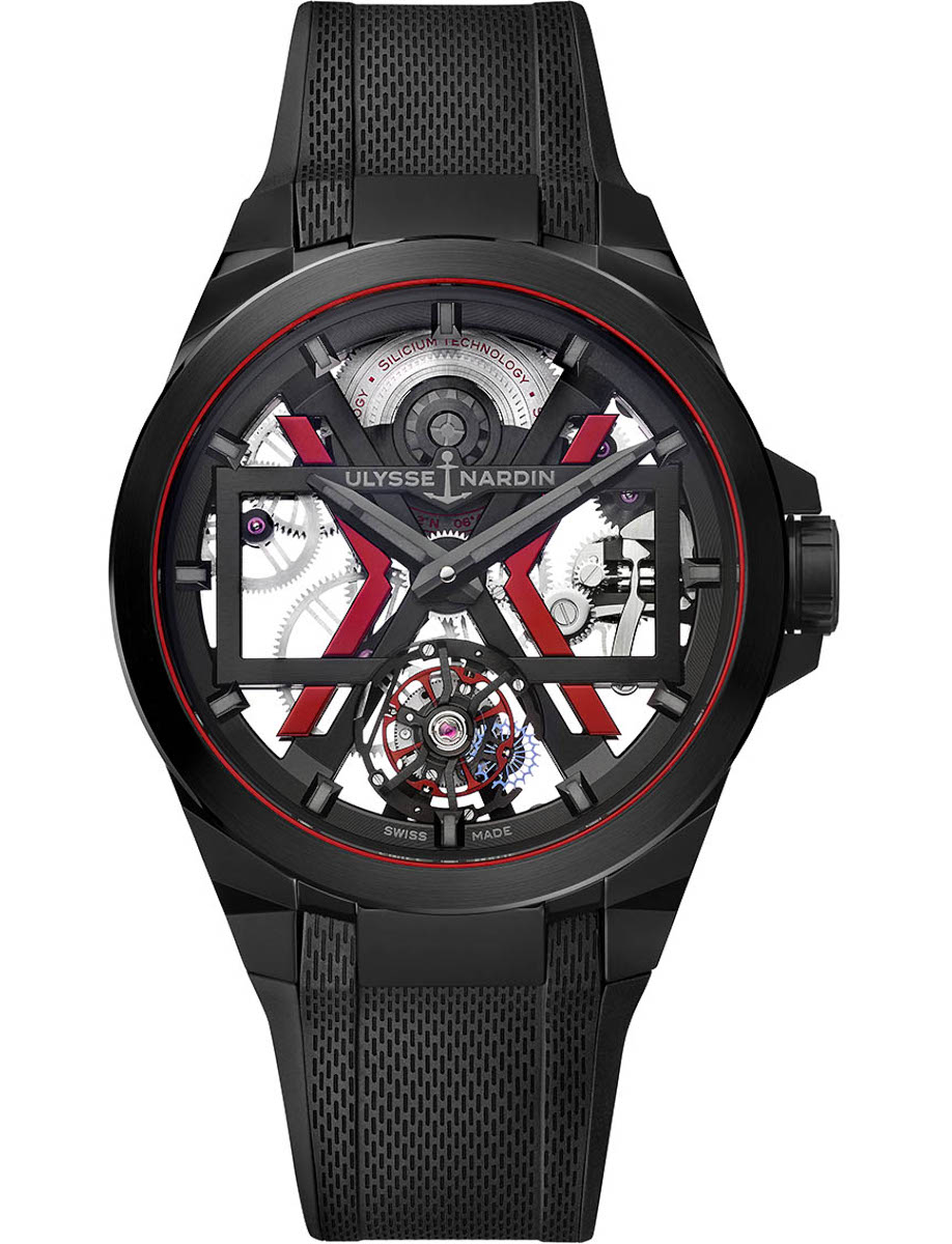 Blast Tourbillon 45mm in Black DLC Titanium with Black Ceramic Bezel on Black Rubber Strap with Skeleton Dial