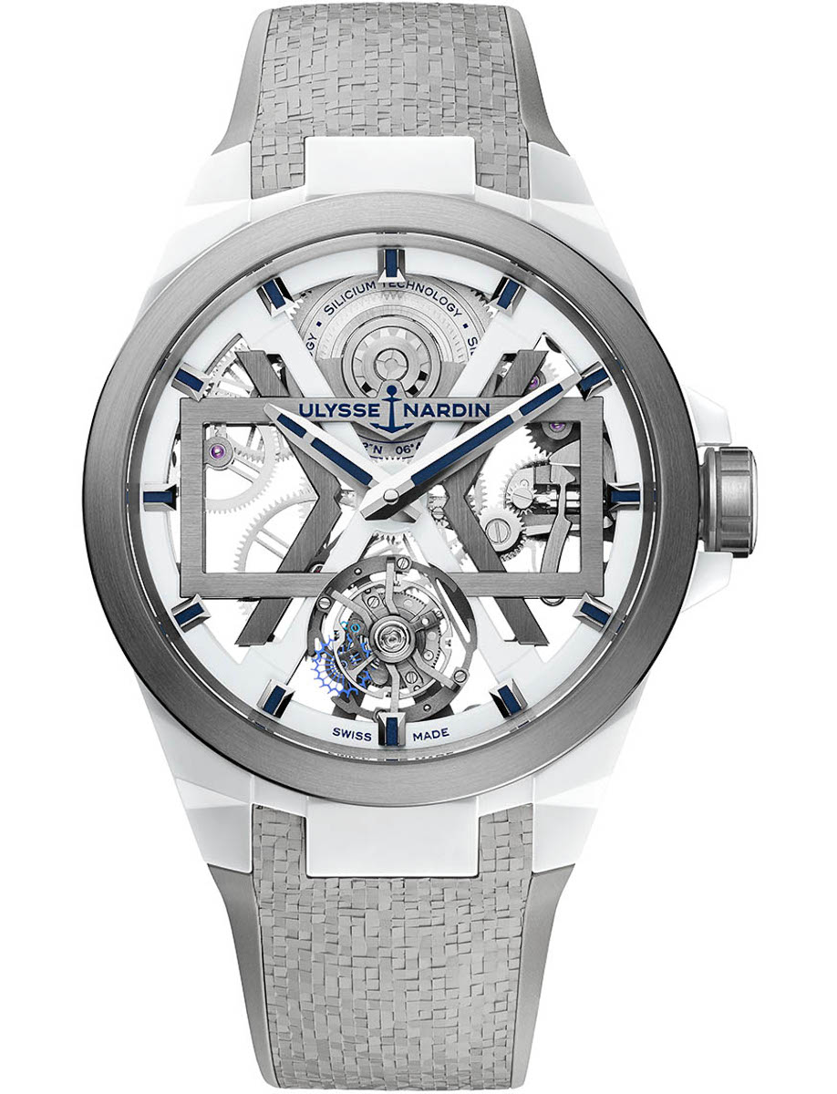 Blast Tourbillon 45mm in White Ceramic with Titanium Bezel on Grey Rubber Strap with Skeleton Dial