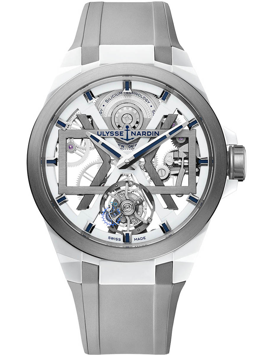 Blast Tourbillon 45mm in White Ceramic with Titanium Bezel on Grey Rubber Strap with Skeleton Dial