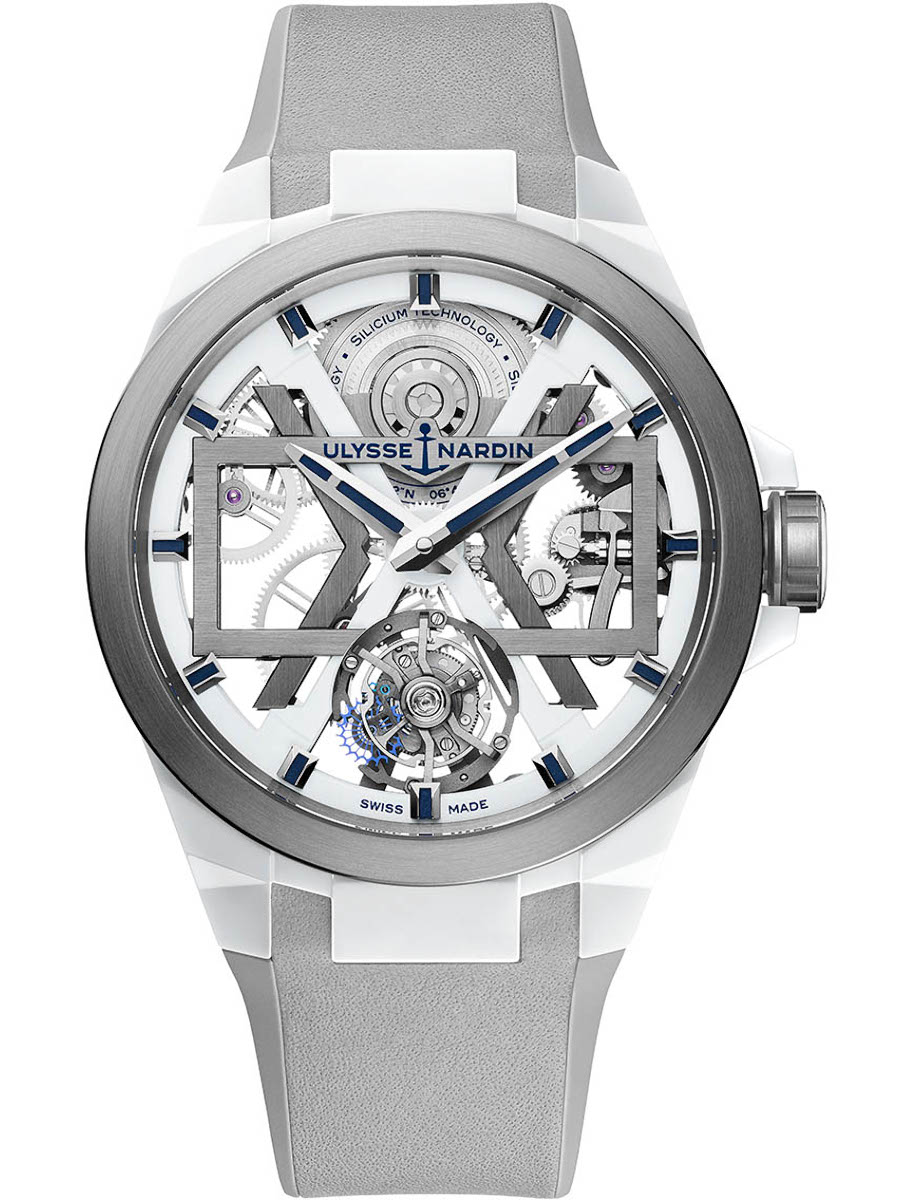 Blast Tourbillon 45mm in White Ceramic with Titanium Bezel on Grey Calfskin Leather Strap with Skeleton Dial