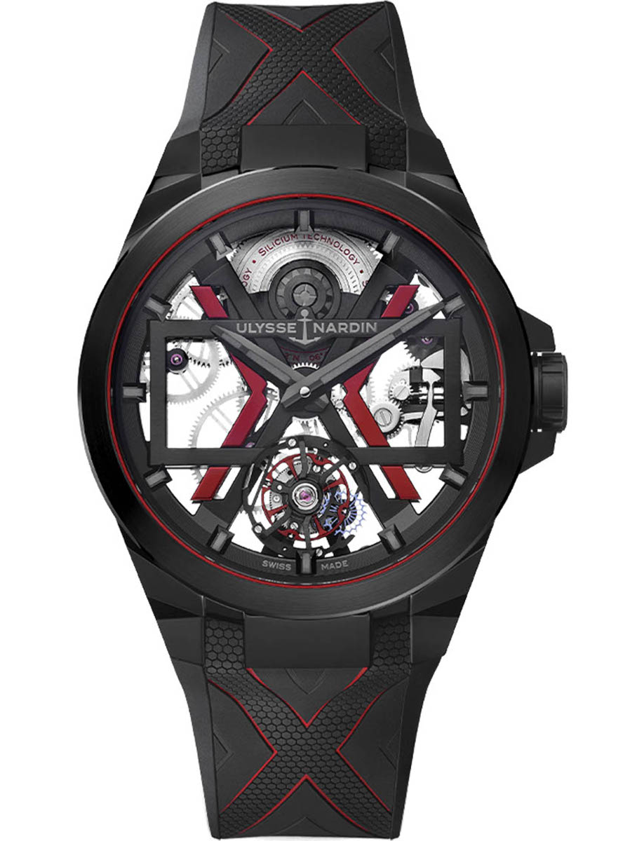 Blast Tourbillon 45mm in Black DLC Titanium with Black Ceramic Bezel on Black Rubber Strap with Skeleton Dial