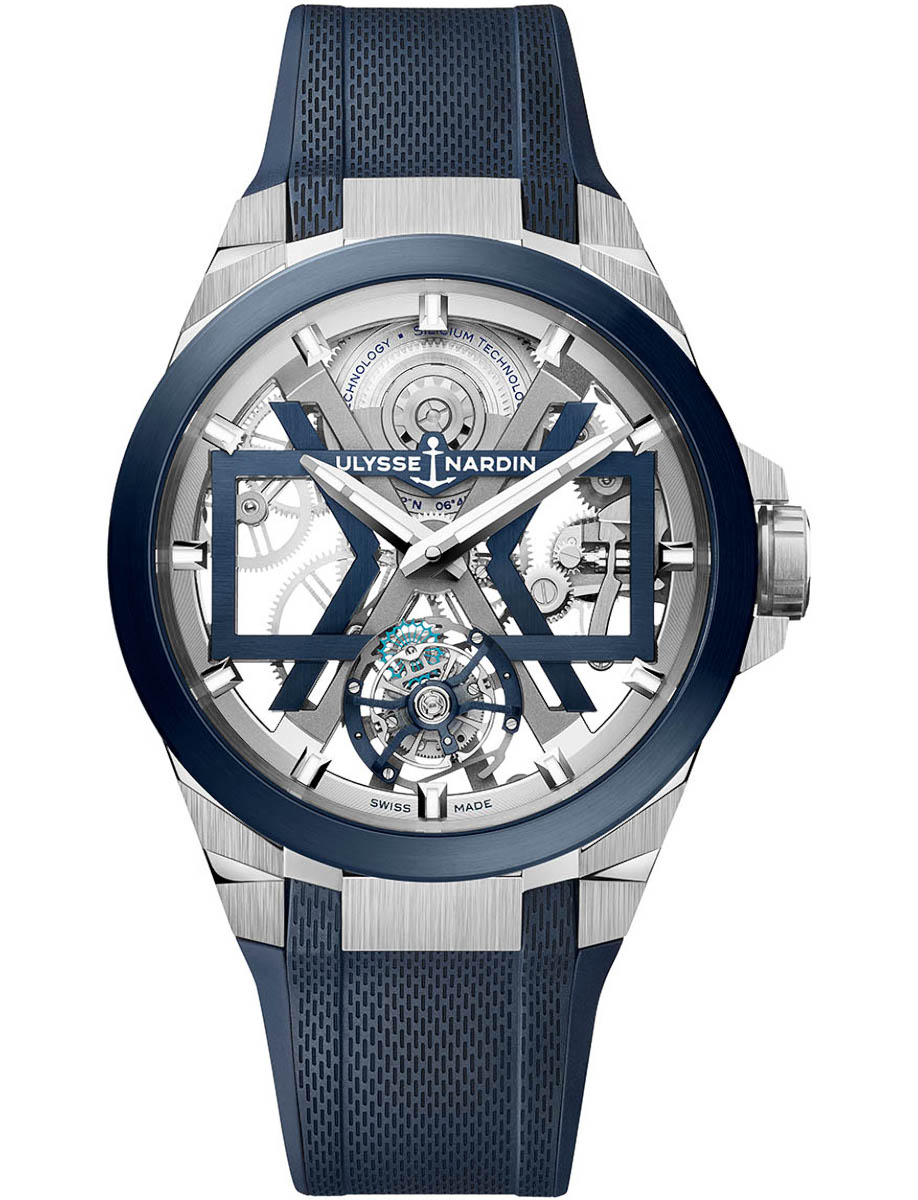 Blast Tourbillon 45mm in Titanium with Blue PVD Titanium Bezel on Blue Rubber Strap with Skeleton Dial