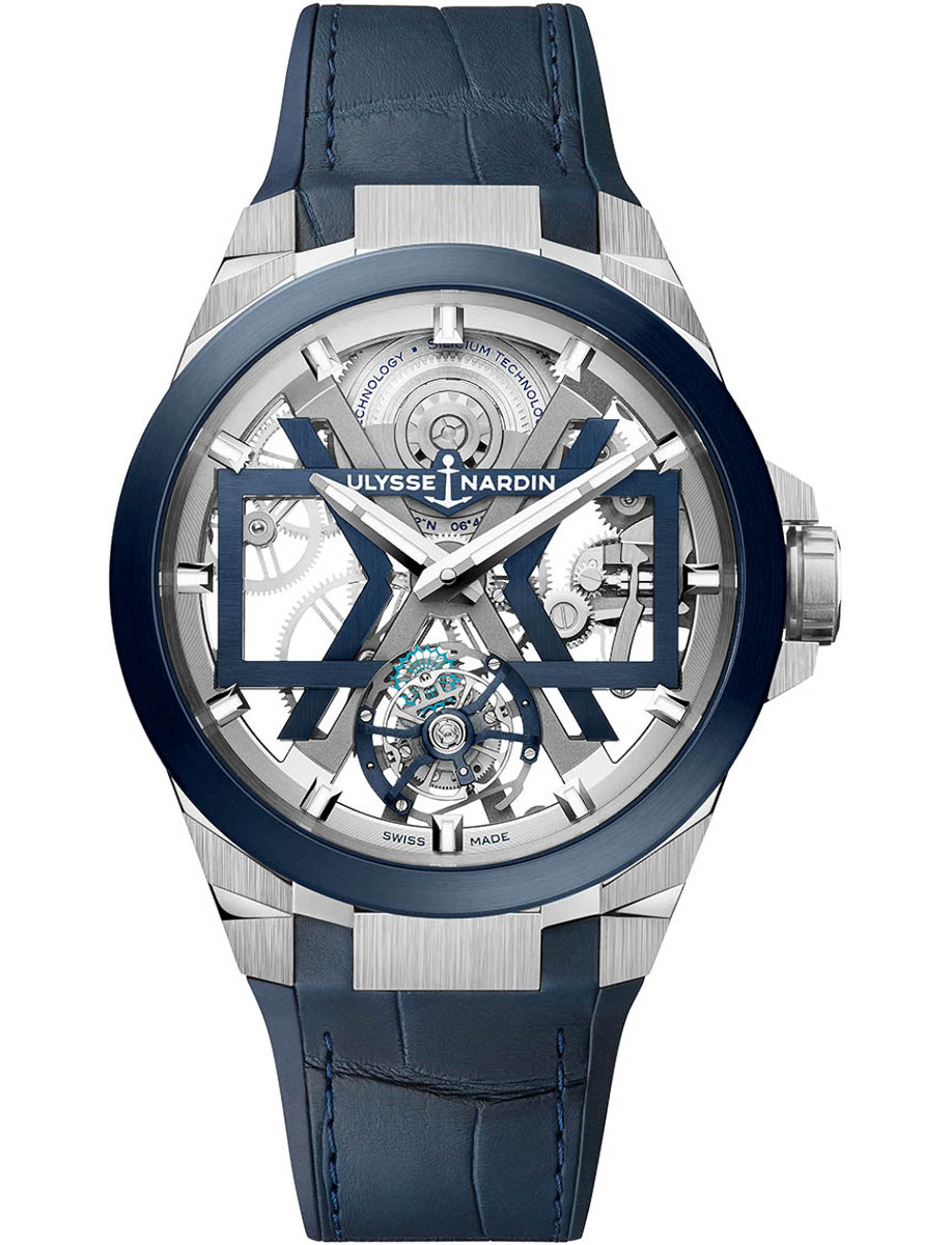 Blast Tourbillon 45mm in Titanium with Blue PVD Titanium Bezel on Blue Alligator Leather Strap with Skeleton Dial
