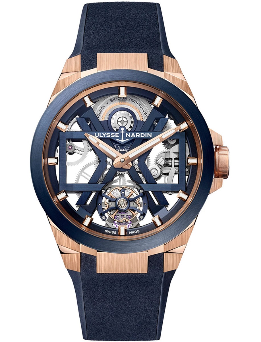 Blast Tourbillon 45mm in Rose Gold on Blue Rubber Strap with Skeleton Dial