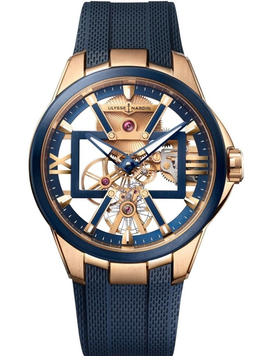 Blast Skeleton X 42mm in Rose Gold with Titanium Blue PVD Bezel on Blue Rubber Strap with Skeleton Dial