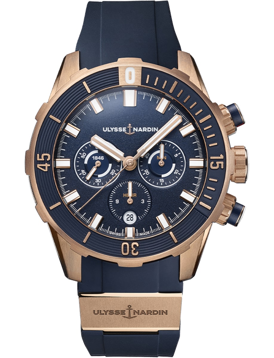 Diver Chronograph 44mm in Rose Gold on Blue Rubber Strap with Blue Dial