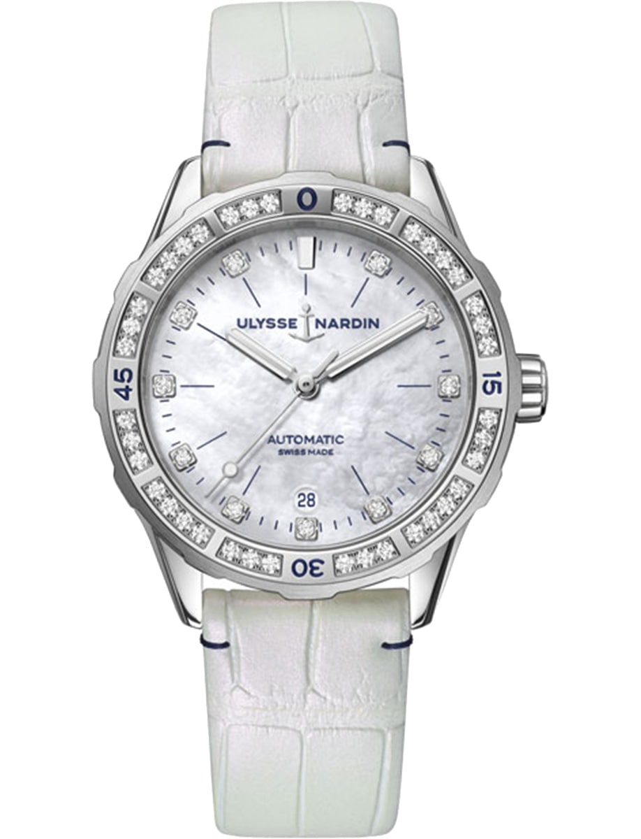 Diver 39mm in Steel with Diamond Bezel on White Alligator Leather Strap with Mother of Pearl Dial