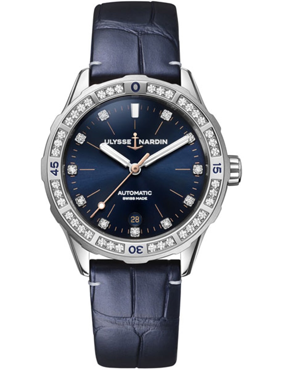Diver 39mm in Steel with Diamond Bezel on Blue Alligator Leather Strap with Blue Diamond Dial