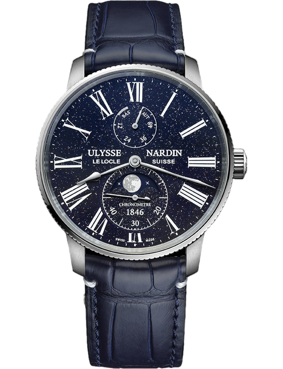 Marine Torpilleur Moonphase 42mm in Steel - Limited to 300 on Blue Alligator Leather Strap with Blue Aventurine Dial