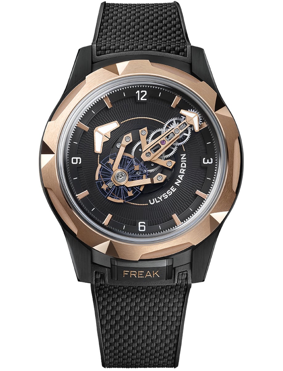 Freak ONE 44mm  in Black DLC Titanium with Rose Gold Bezel on Black Rubber Strap with Black Dial