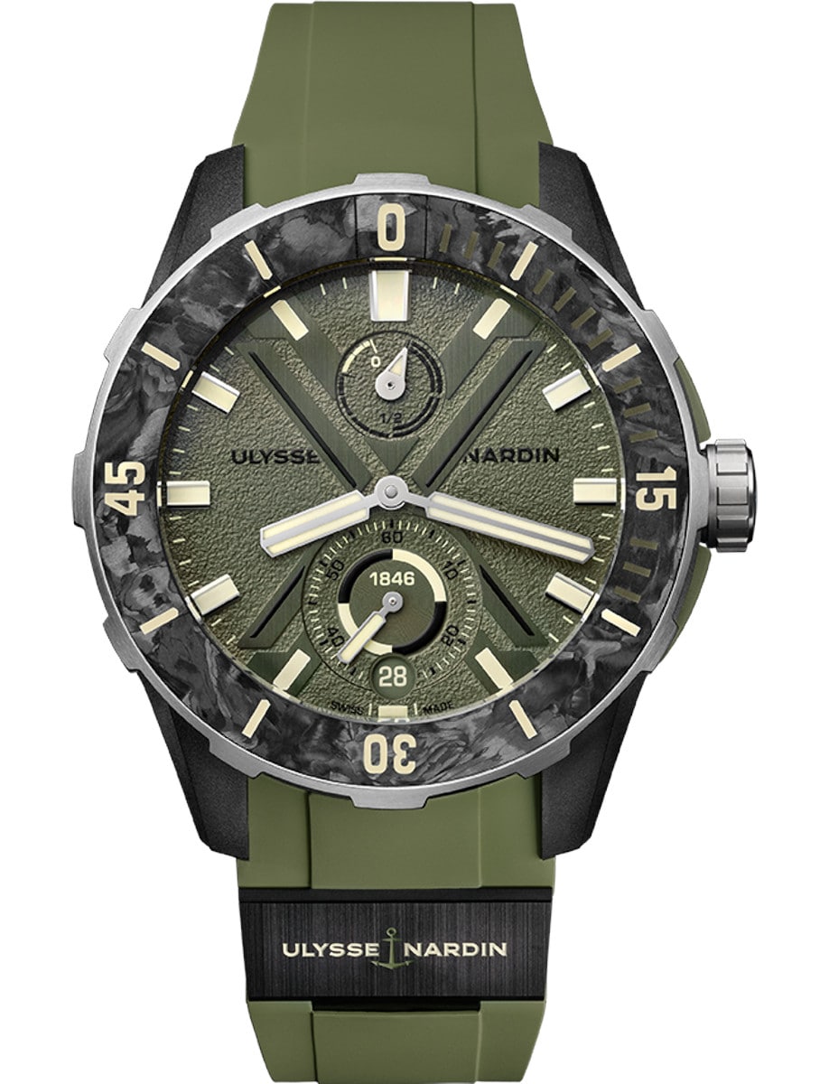 Diver NET OPS 44mm in Steel with Carbonium Bezel on Green Rubber Strap with Green Dial