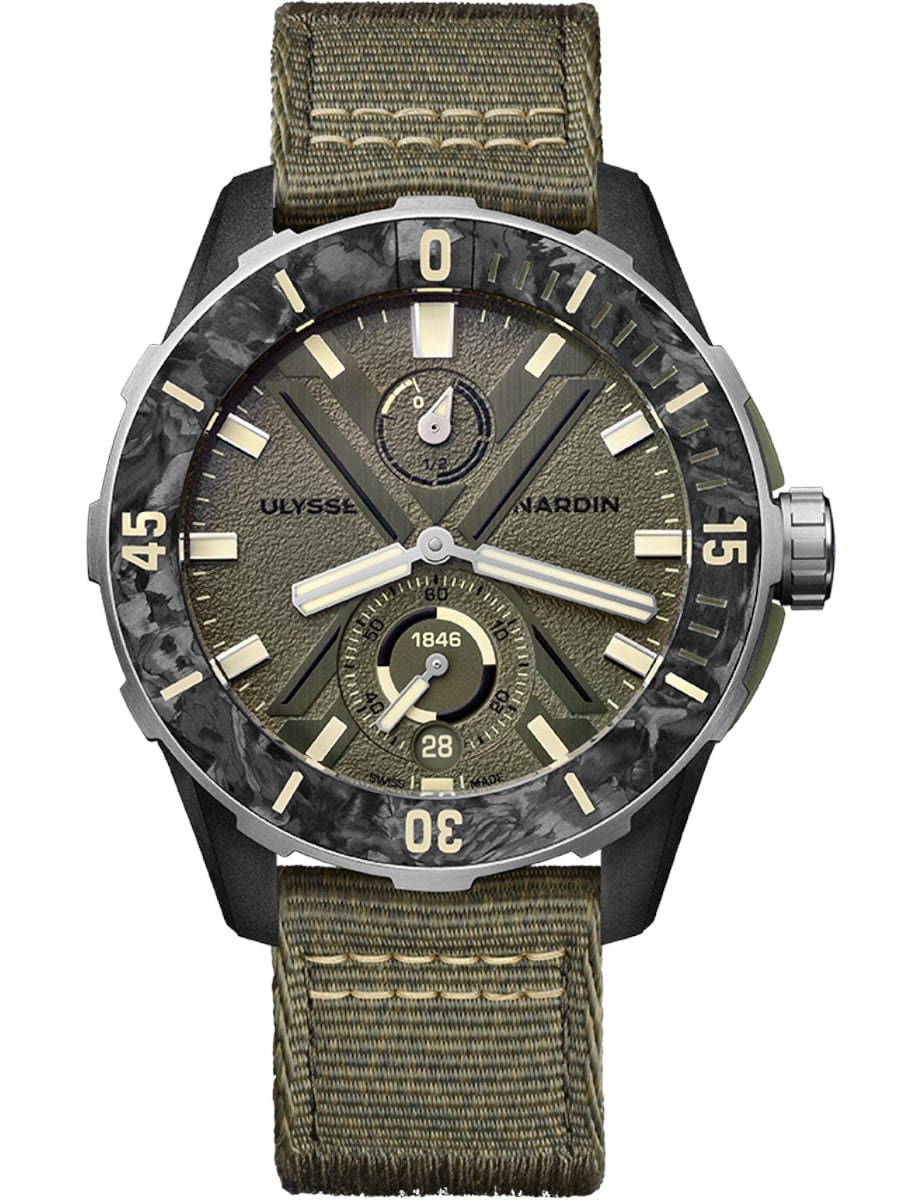 Diver NET OPS 44mm in Steel with Carbonium Bezel on Khaki Green Fabric Strap with Green Dial