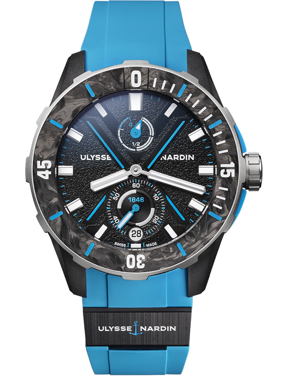 Diver NET 44mm in Steel with Carbonium Bezel on Blue Rubber Strap with Azure Blue Dial