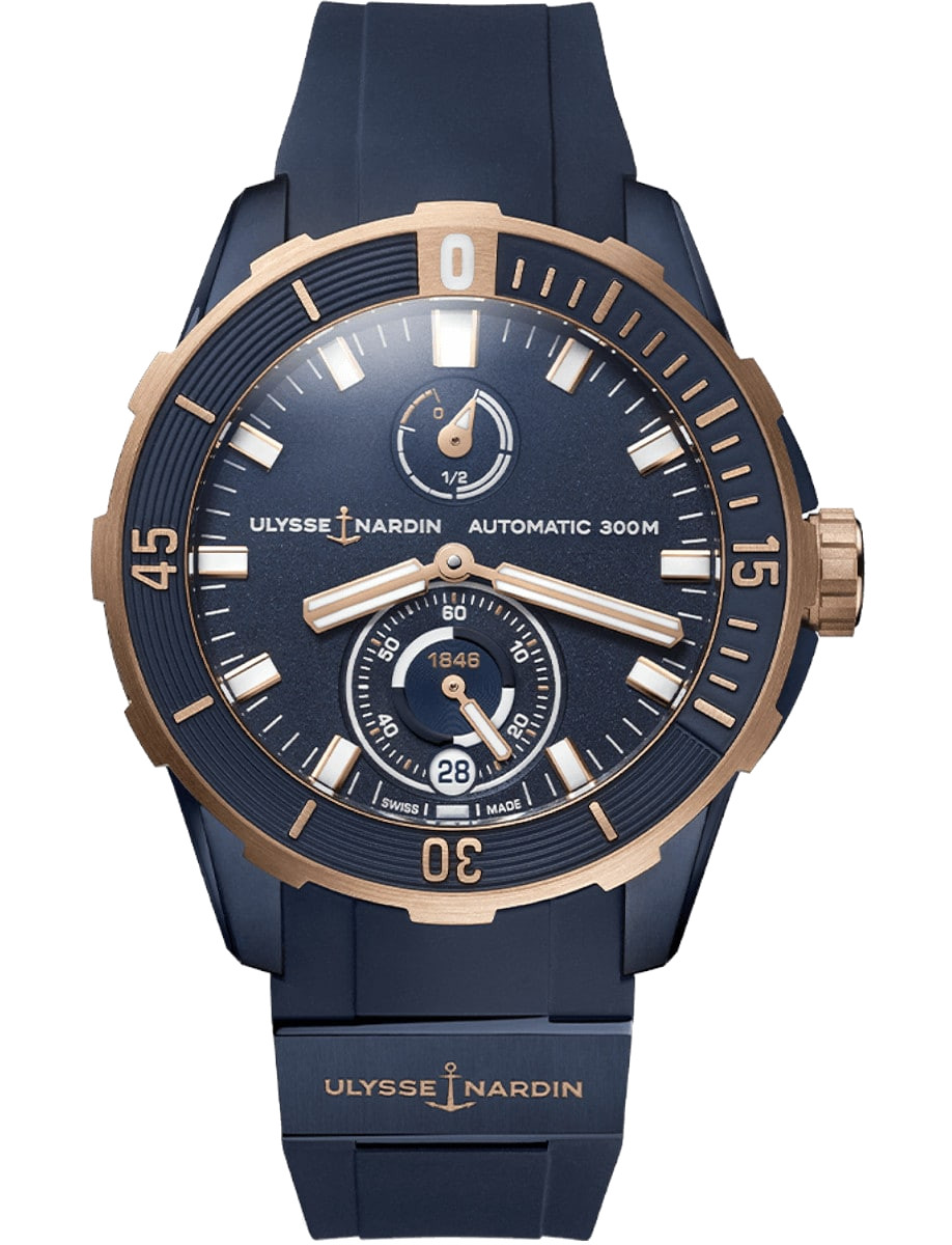 Diver Chronometer in Titanium with Rose Gold Bezel on Blue Rubber Strap with Blue Dial