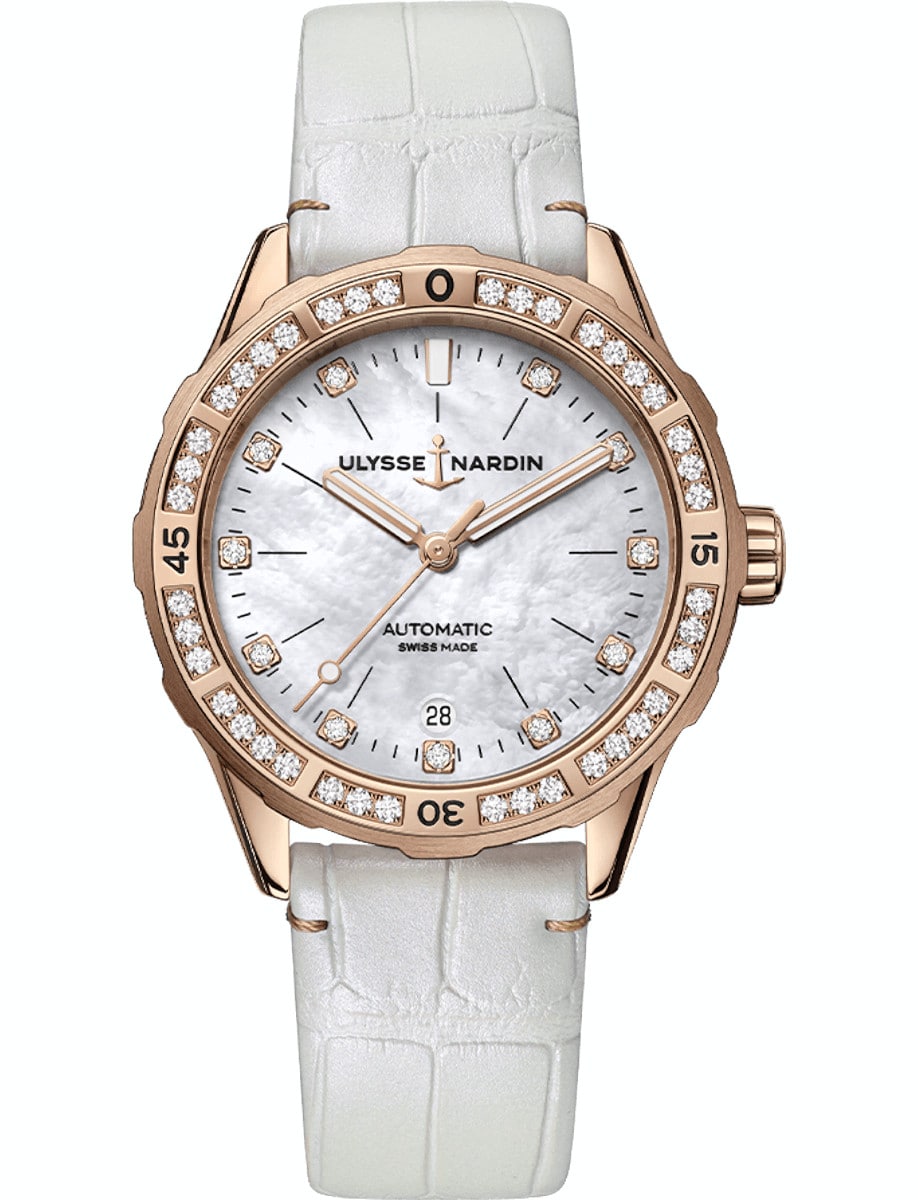 Diver ATOLL 39mm in Rose Gold with Diamond Bezel  on White Leather Strap with MOP Dial