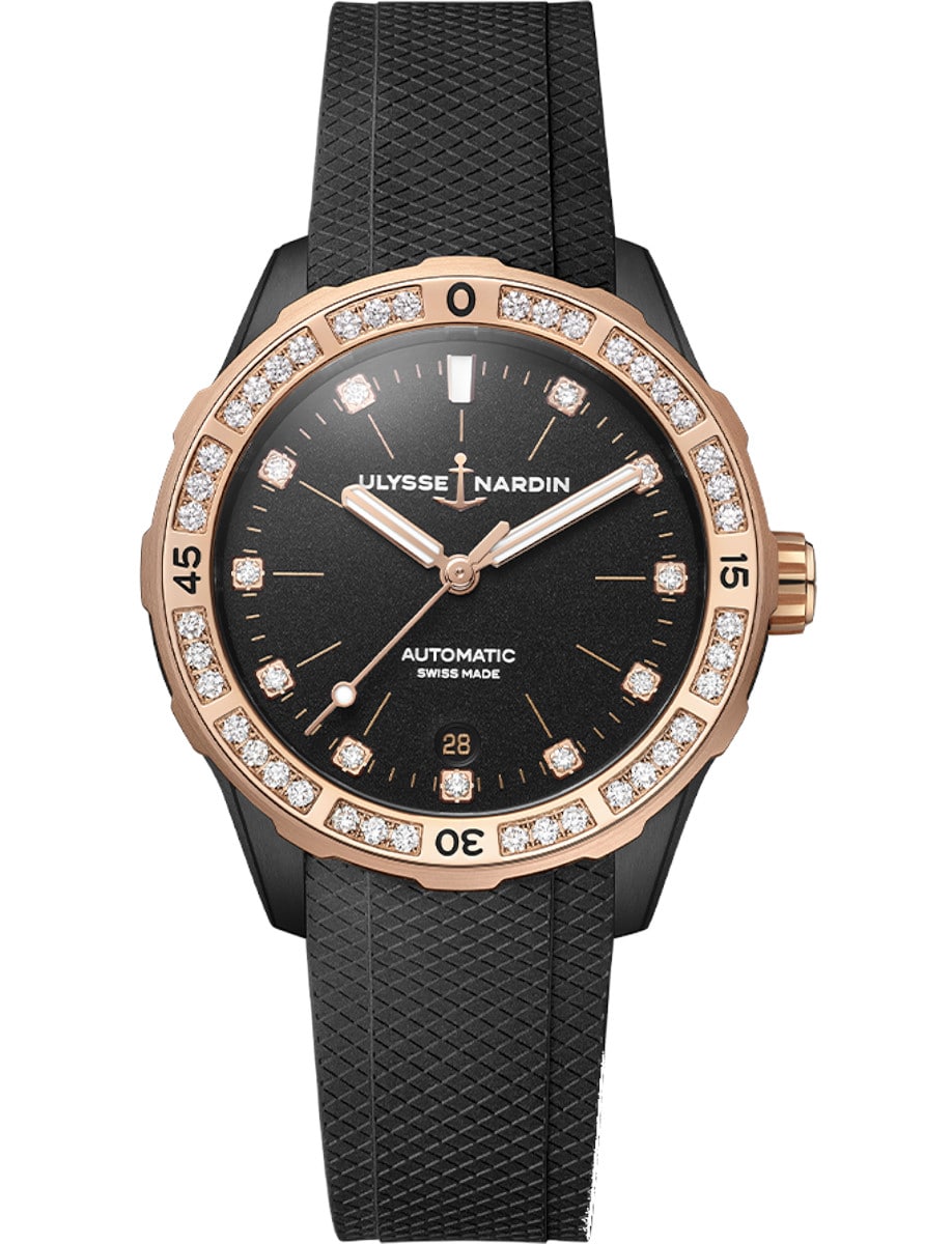 Diver  39mm in Steel with Rose Gold Diamond Bezel on Black Rubber Strap with Black Dial