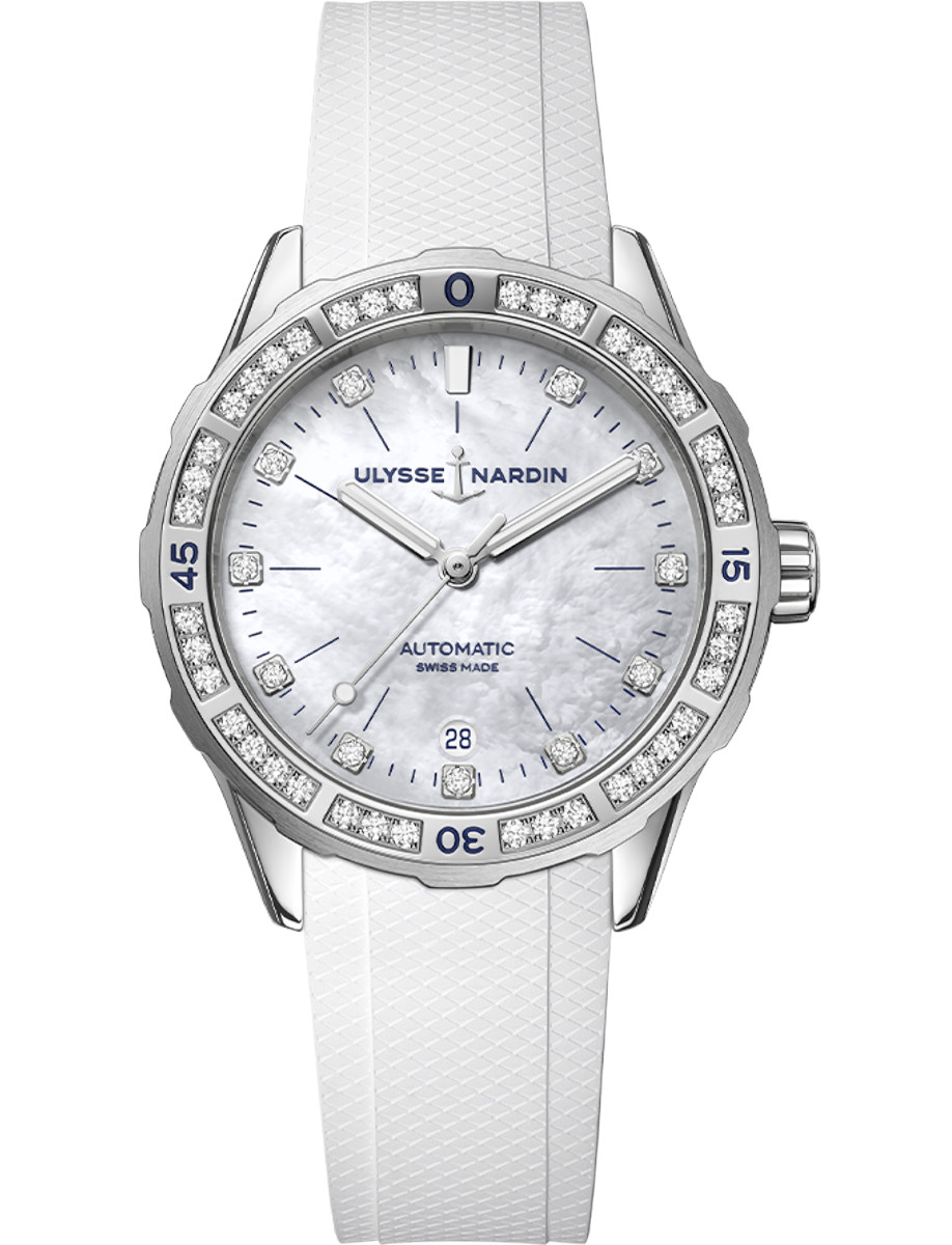 Diver 39mm in Steel with Diamond Bezel on White Rubber Strap with MOP Dial