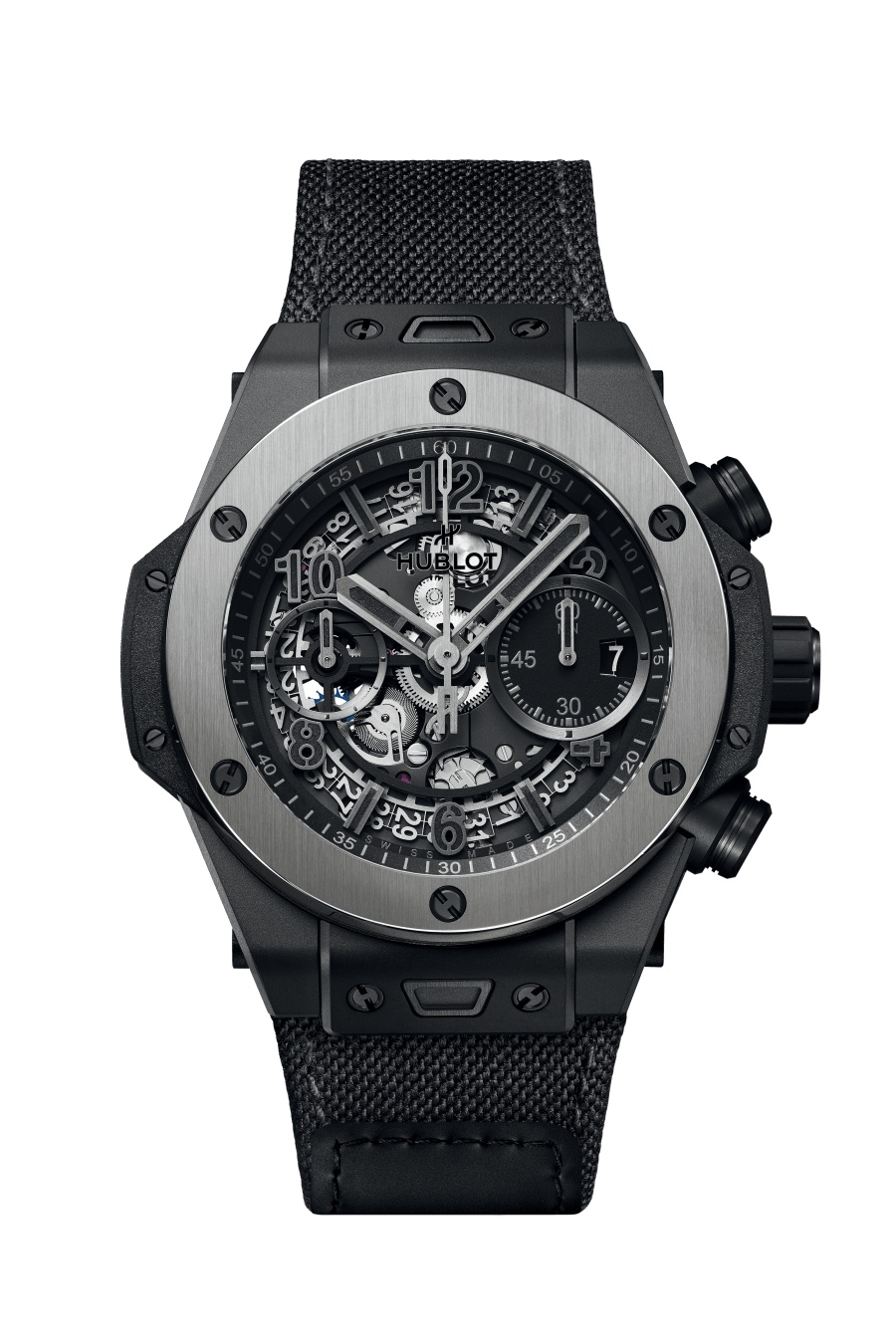 Big Bang Unico Ice Bang 42mm in Polished Black Ceramic on Blue Fabric Strap with Skeleton Dial