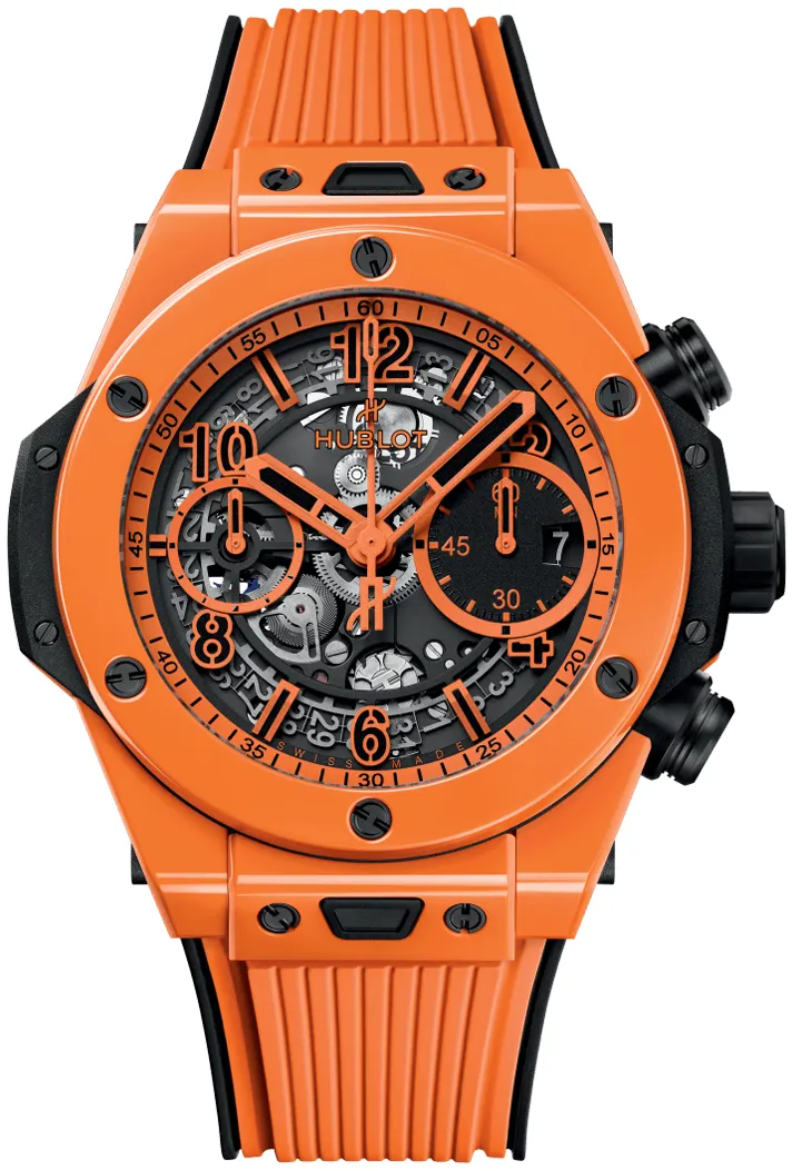 Big Bang Unico 42mm in Orange Ceramic on Orange Rubber Strap with Skeleton Dial