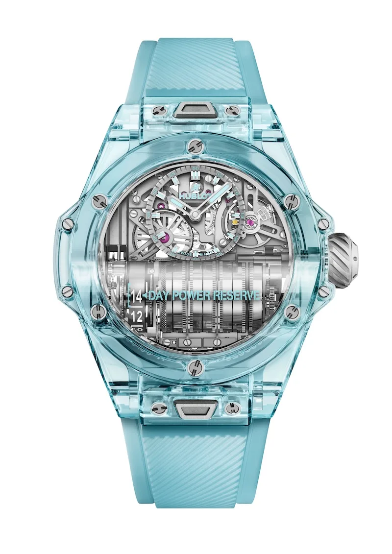 Big Bang MP-11 Power Reserve 14 Days in Water Blue Sapphire On Water Blue Transparent Rubber Strap with Sapphire Crystal Dial