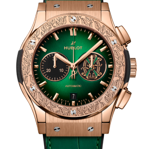 Classic Fusion Chronograph Arturo Fuente 42mm in King Gold On Black Rubber and Green Alligator Leather Strap with Green Dial