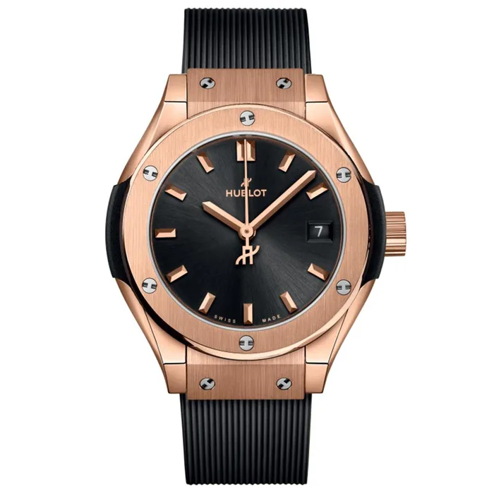 Classic Fusion 29mm in Red Gold On Black Rubber Strap with Black Dial