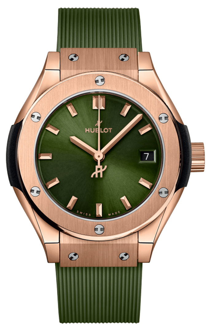 Classic Fusion 29mm in Red Gold On Green Rubber Strap with Green Dial